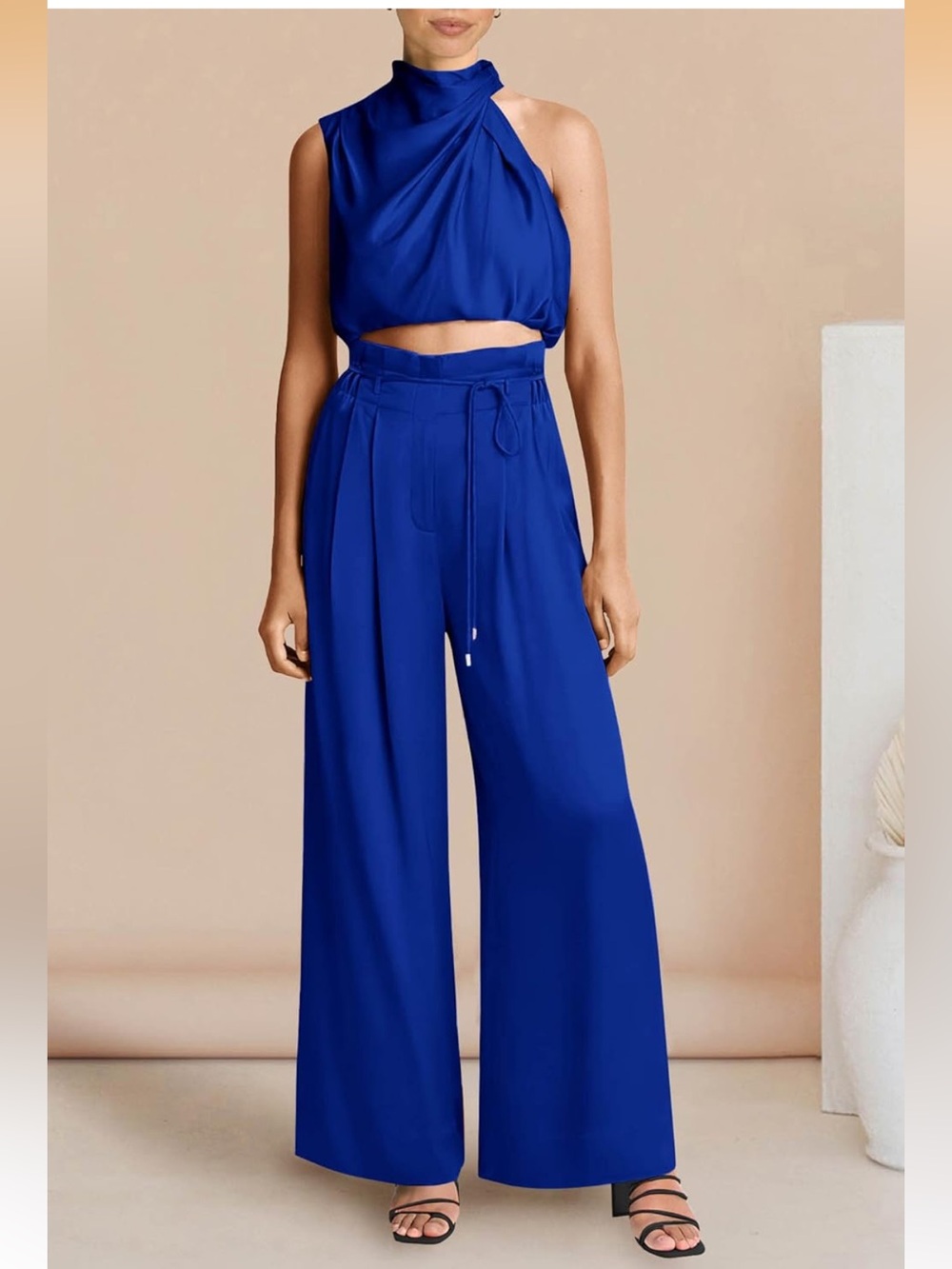 Women's Wide-Leg Halter Crop Set in Royal Blue - Picture 2 of 3